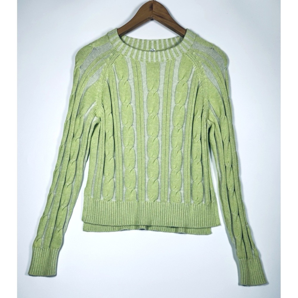 Margaret OLeary Cable Knit Fisherman‎ Sweater XS Green Crew Neck Coastal Preppy